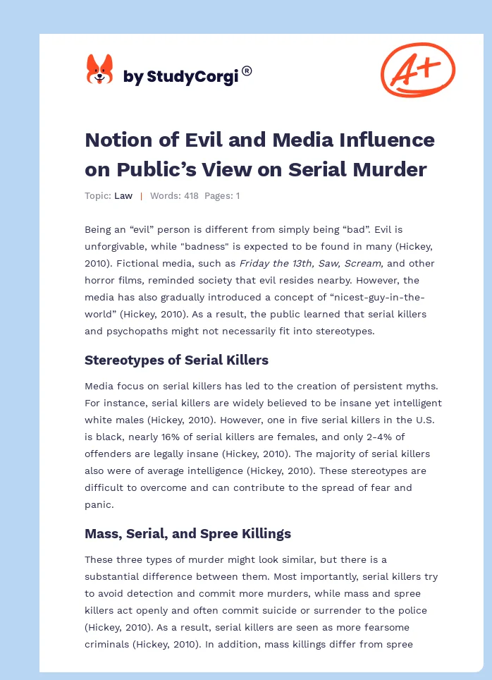 Notion of Evil and Media Influence on Public’s View on Serial Murder. Page 1