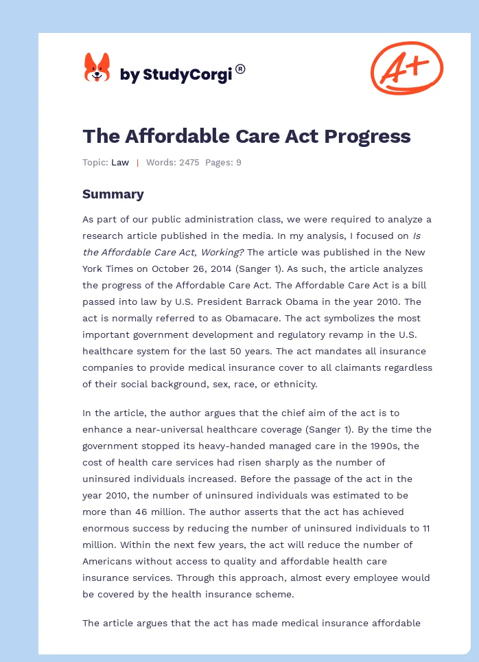 The Affordable Care Act Progress. Page 1