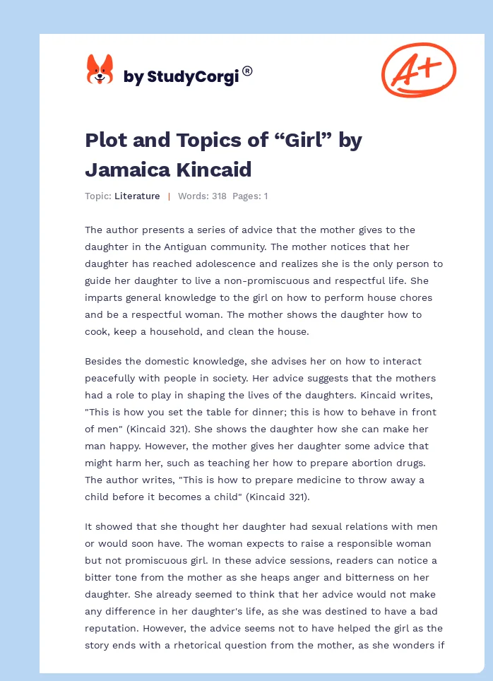 Plot and Topics of “Girl” by Jamaica Kincaid. Page 1