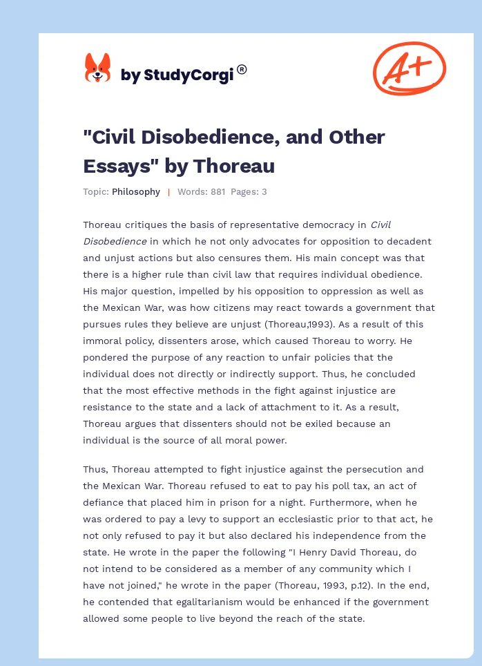 "Civil Disobedience, and Other Essays" by Thoreau. Page 1