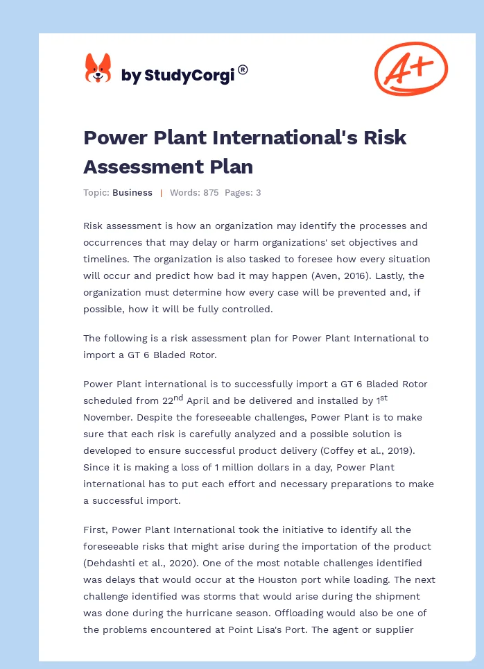 Power Plant International's Risk Assessment Plan. Page 1