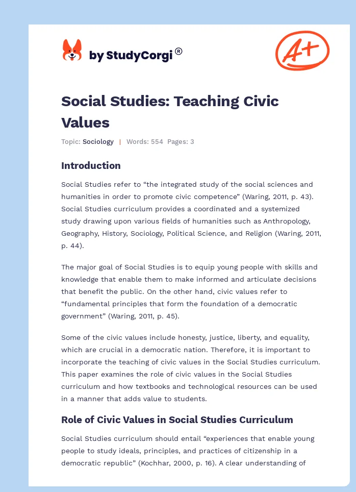 Social Studies: Teaching Civic Values. Page 1