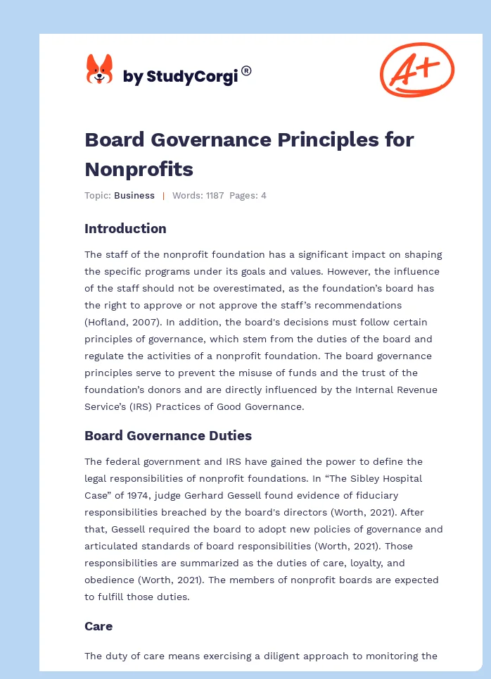 Board Governance Principles for Nonprofits. Page 1