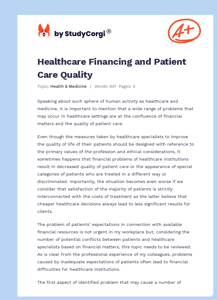 Healthcare Financing and Patient Care Quality. Page 1