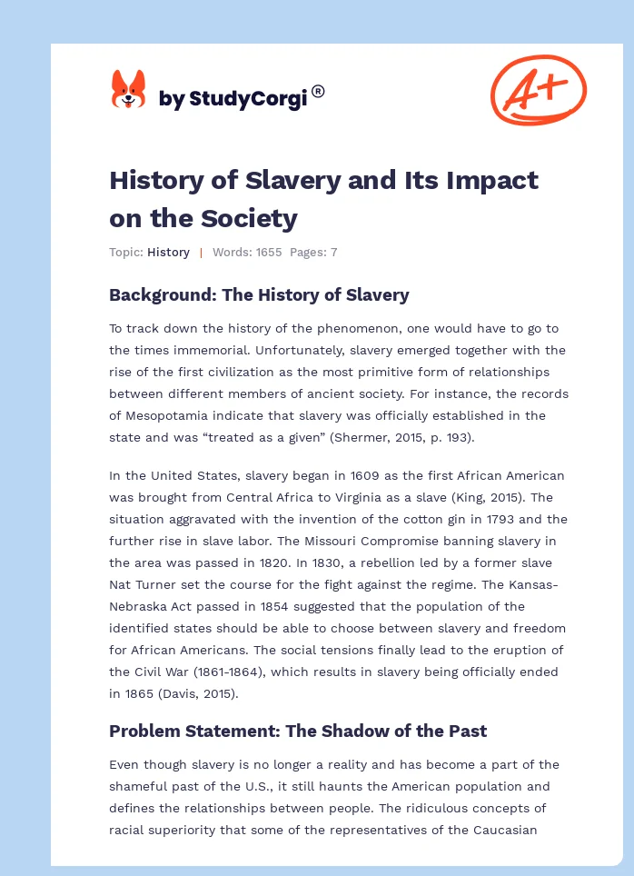 History of Slavery and Its Impact on the Society. Page 1