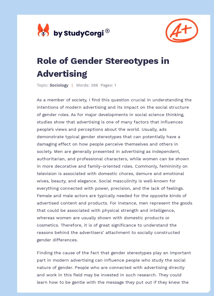 Role of Gender Stereotypes in Advertising. Page 1