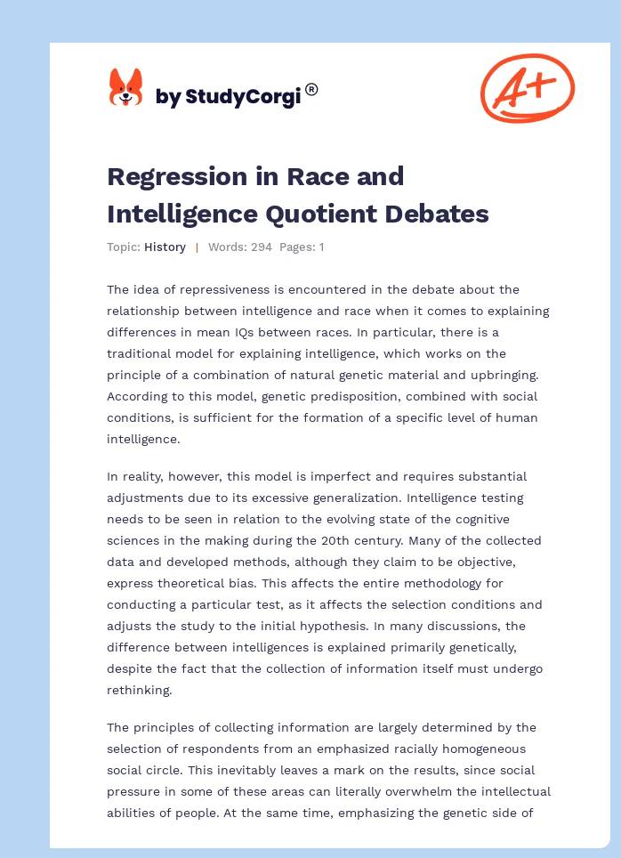 Regression in Race and Intelligence Quotient Debates. Page 1