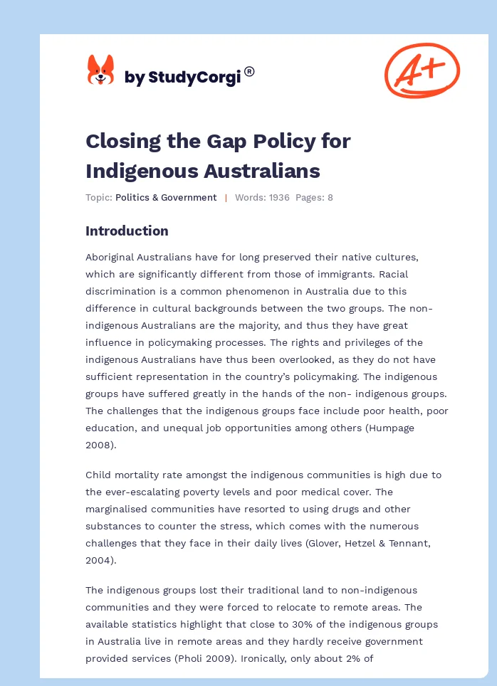 Closing the Gap Policy for Indigenous Australians. Page 1