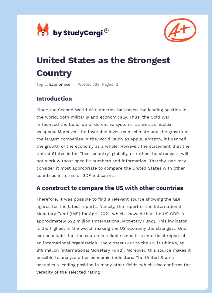 United States as the Strongest Country. Page 1