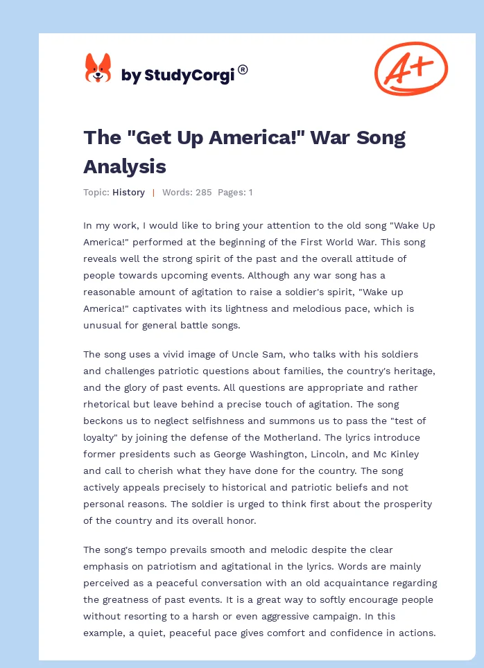The "Get Up America!" War Song Analysis. Page 1