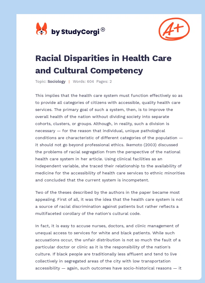 Racial Disparities in Health Care and Cultural Competency. Page 1