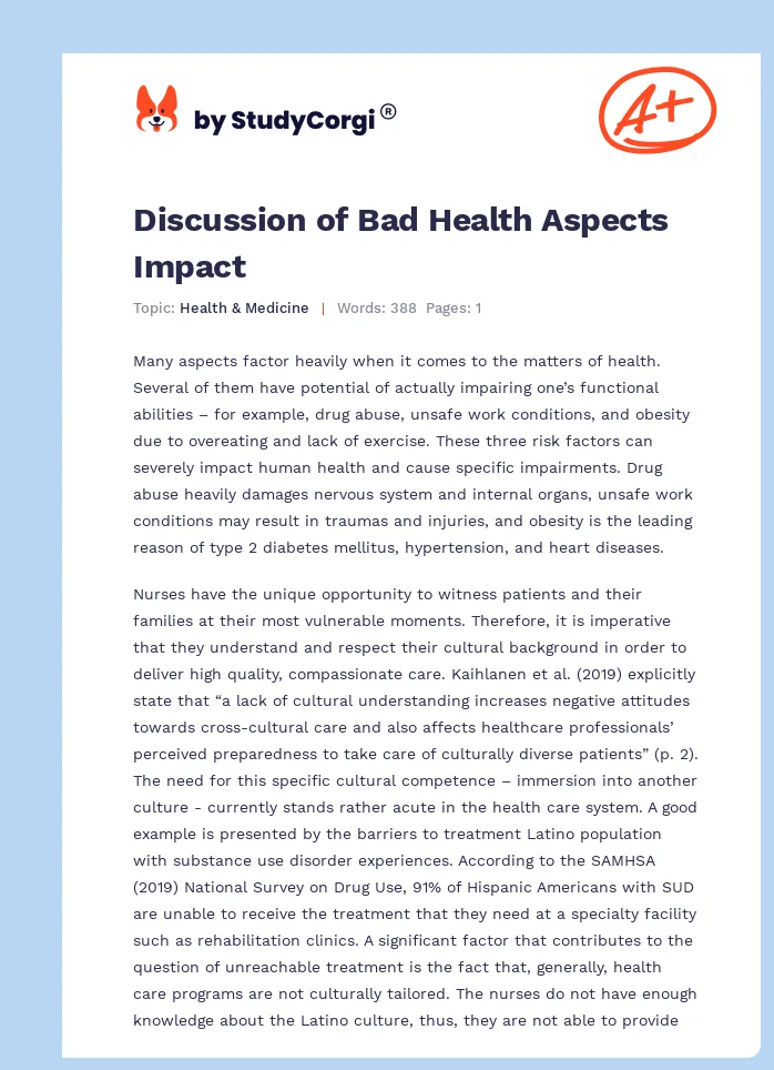 Discussion of Bad Health Aspects Impact. Page 1