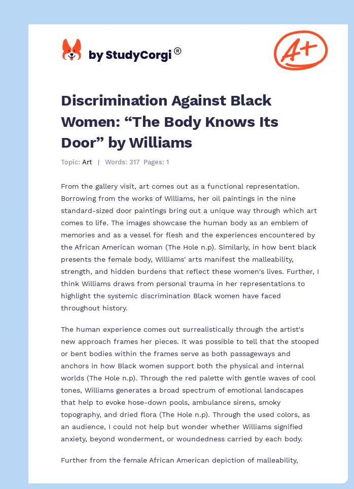 Discrimination Against Black Women: “The Body Knows Its Door” by Williams. Page 1