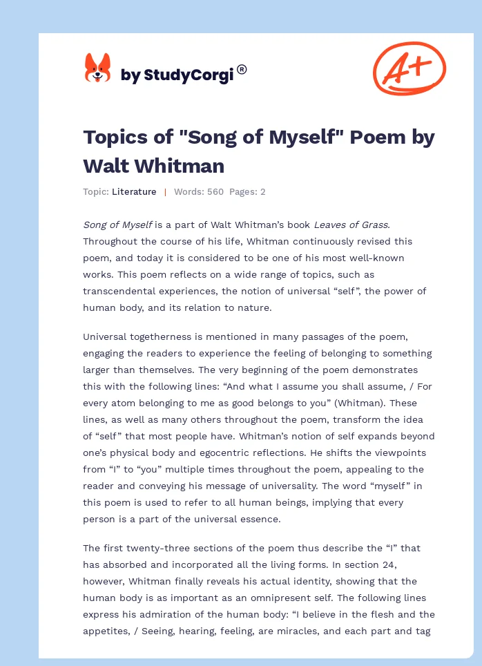 Topics of "Song of Myself" Poem by Walt Whitman. Page 1