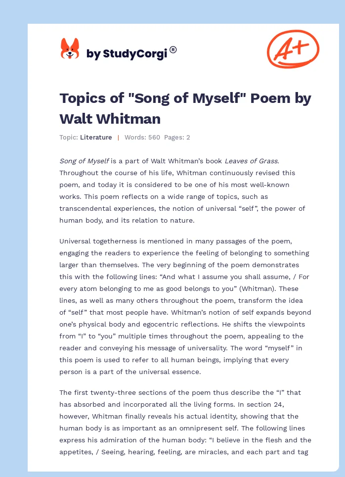 Topics Of Song Of Myself Poem By Walt Whitman Free Essay Example