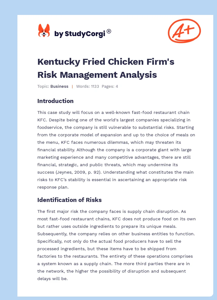 Kentucky Fried Chicken Firm's Risk Management Analysis. Page 1