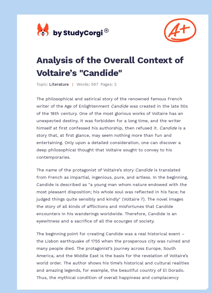 Analysis of the Overall Context of Voltaire’s "Candide". Page 1