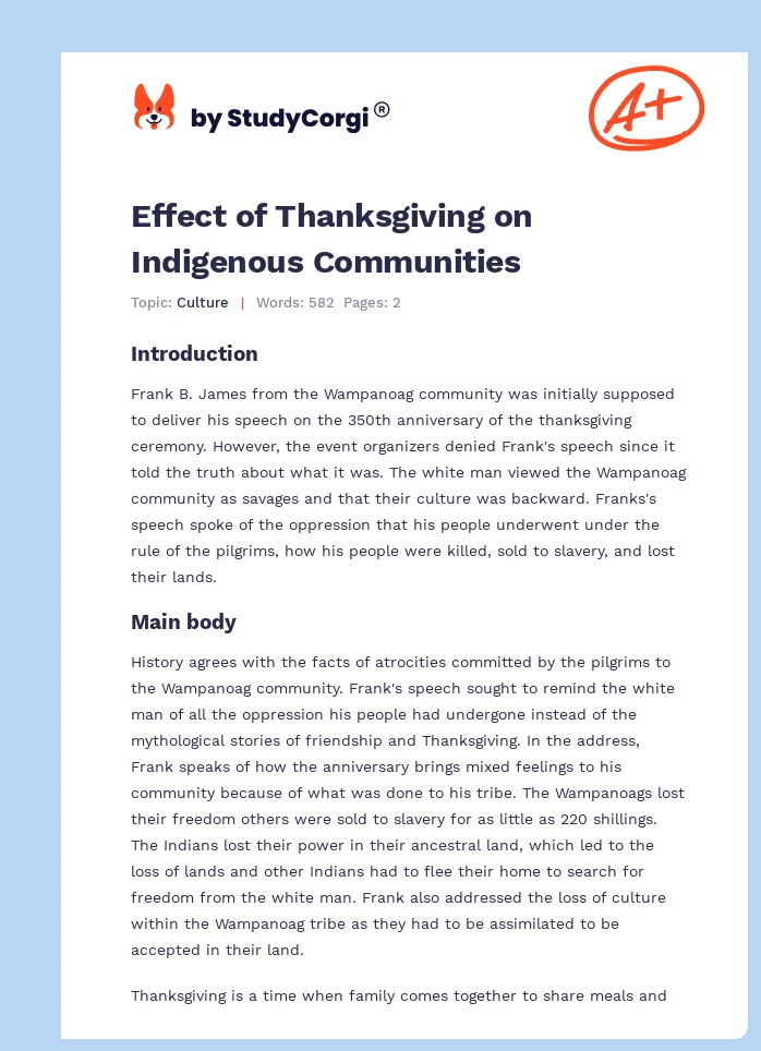 Effect of Thanksgiving on Indigenous Communities. Page 1
