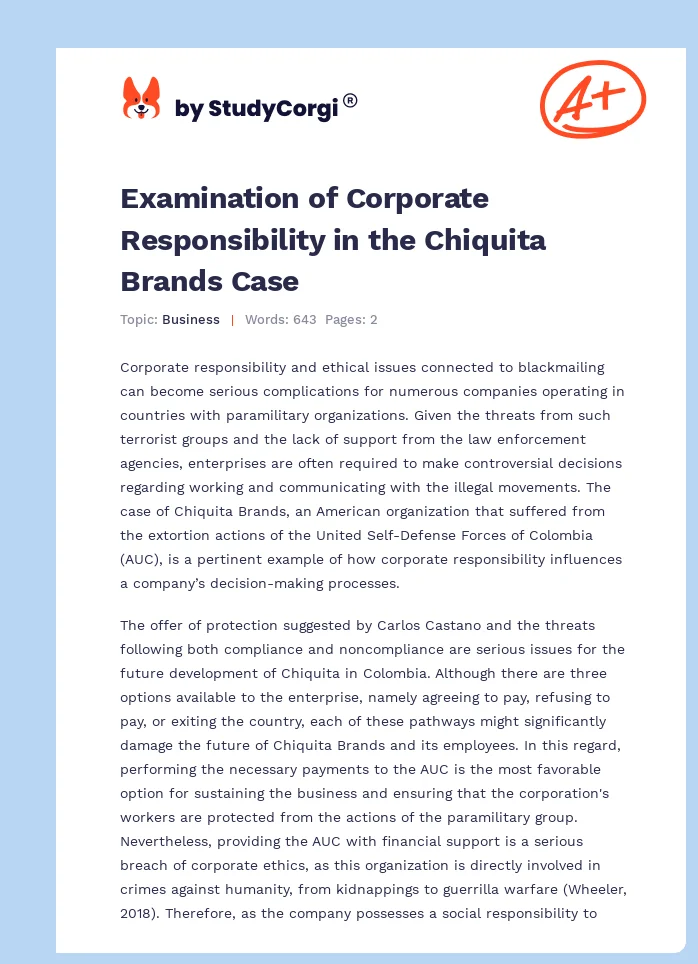 Examination of Corporate Responsibility in the Chiquita Brands Case. Page 1