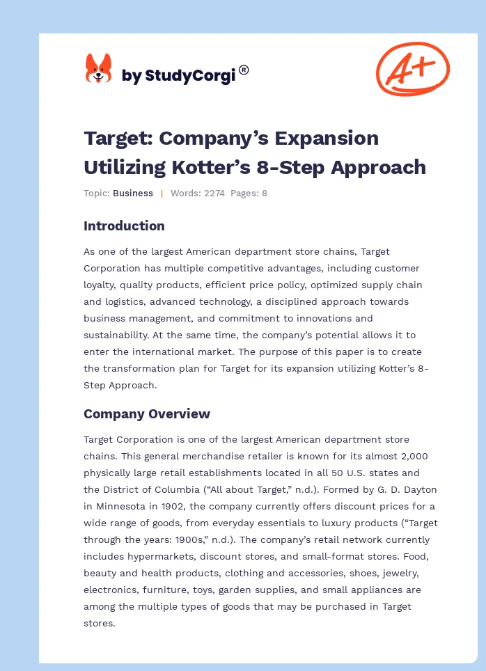 Target: Company’s Expansion Utilizing Kotter’s 8-Step Approach. Page 1