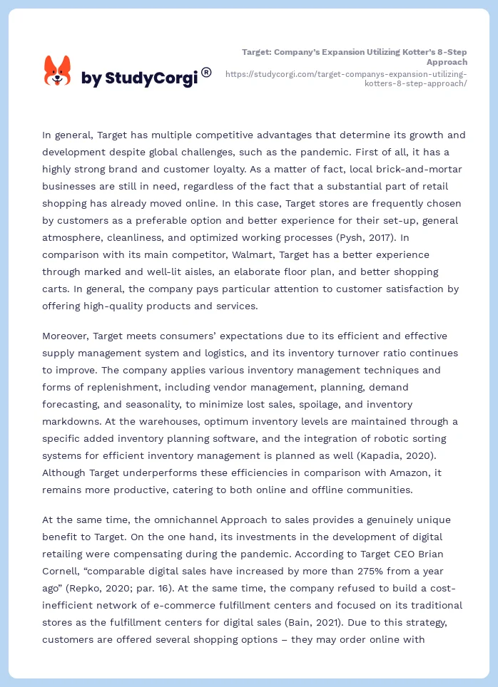 Target: Company’s Expansion Utilizing Kotter’s 8-Step Approach. Page 2
