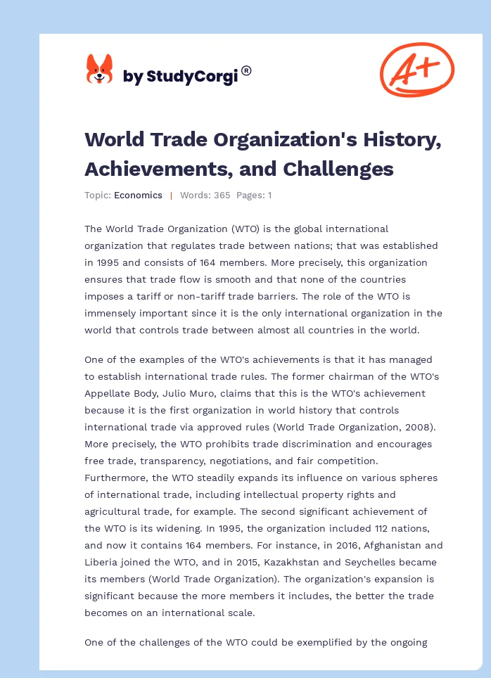 World Trade Organization's History, Achievements, and Challenges. Page 1