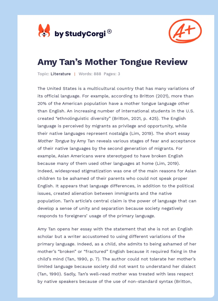 Amy Tan’s Mother Tongue Review. Page 1