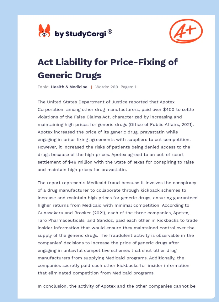 Act Liability for Price-Fixing of Generic Drugs. Page 1