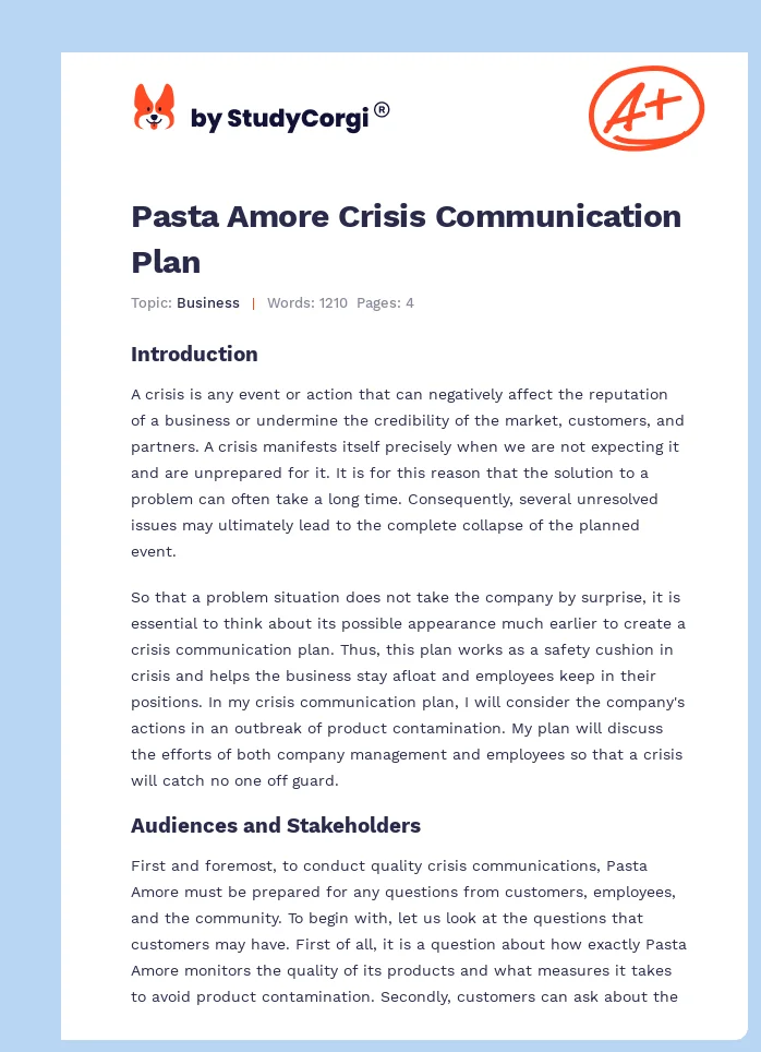 Pasta Amore Crisis Communication Plan. Page 1