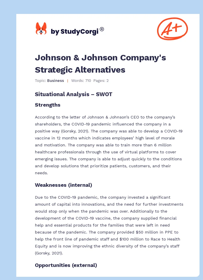 Johnson & Johnson Company's Strategic Alternatives. Page 1