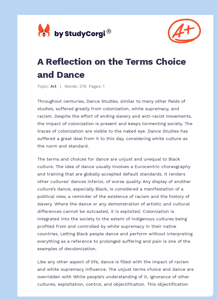 A Reflection on the Terms Choice and Dance. Page 1