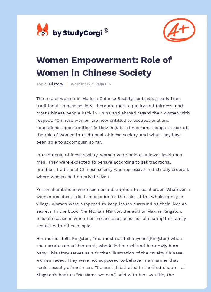 Women Empowerment: Role of Women in Chinese Society. Page 1