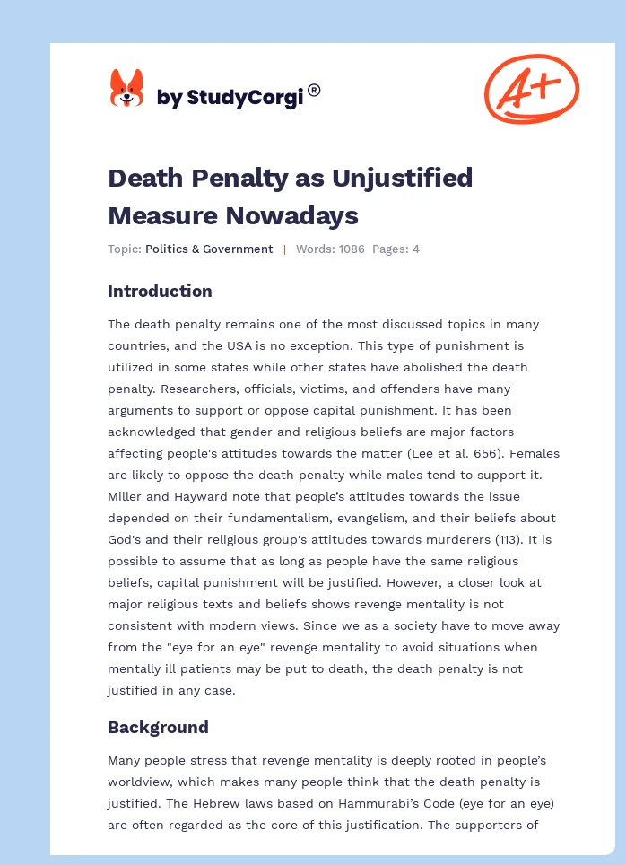 Death Penalty as Unjustified Measure Nowadays. Page 1