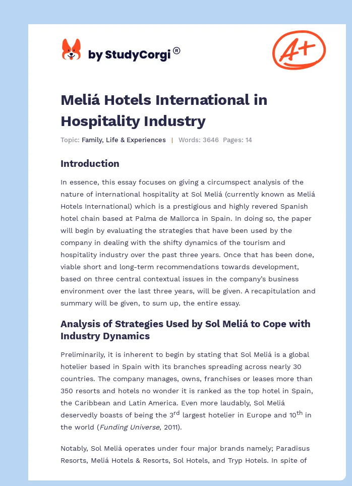Meliá Hotels International in Hospitality Industry. Page 1