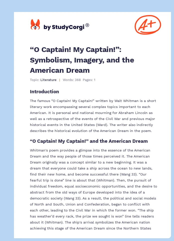 “O Captain! My Captain!”: Symbolism, Imagery, and the American Dream. Page 1