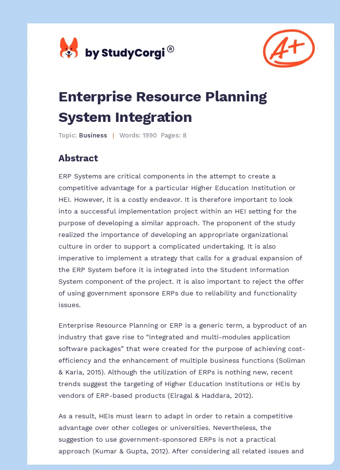 Enterprise Resource Planning System Integration. Page 1