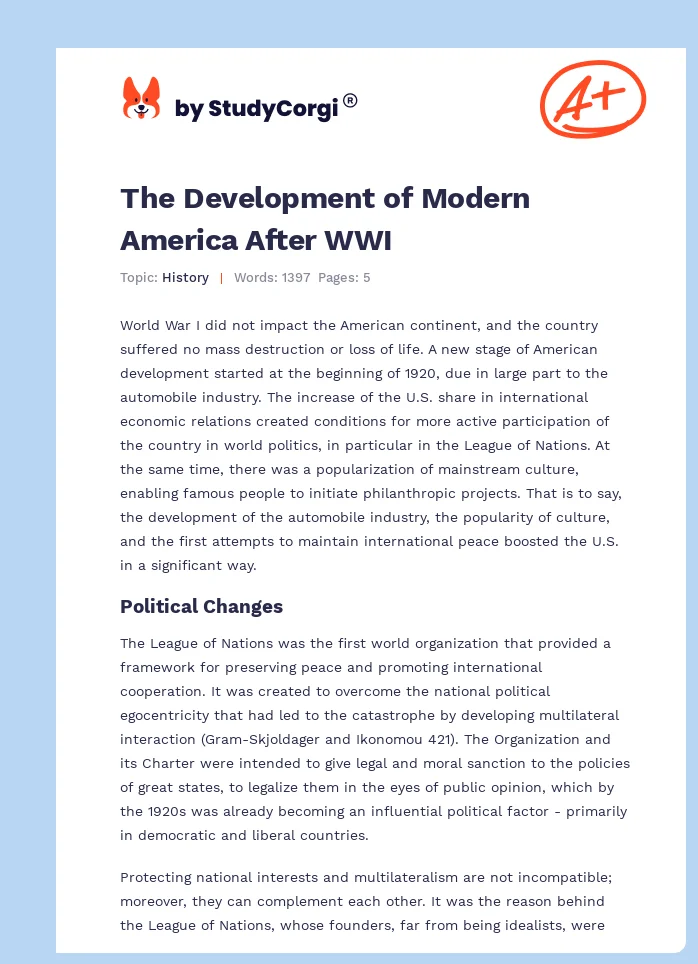The Development of Modern America After WWI. Page 1