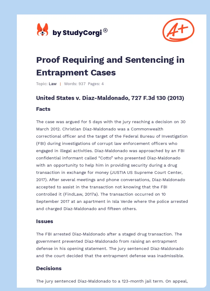 Proof Requiring and Sentencing in Entrapment Cases. Page 1