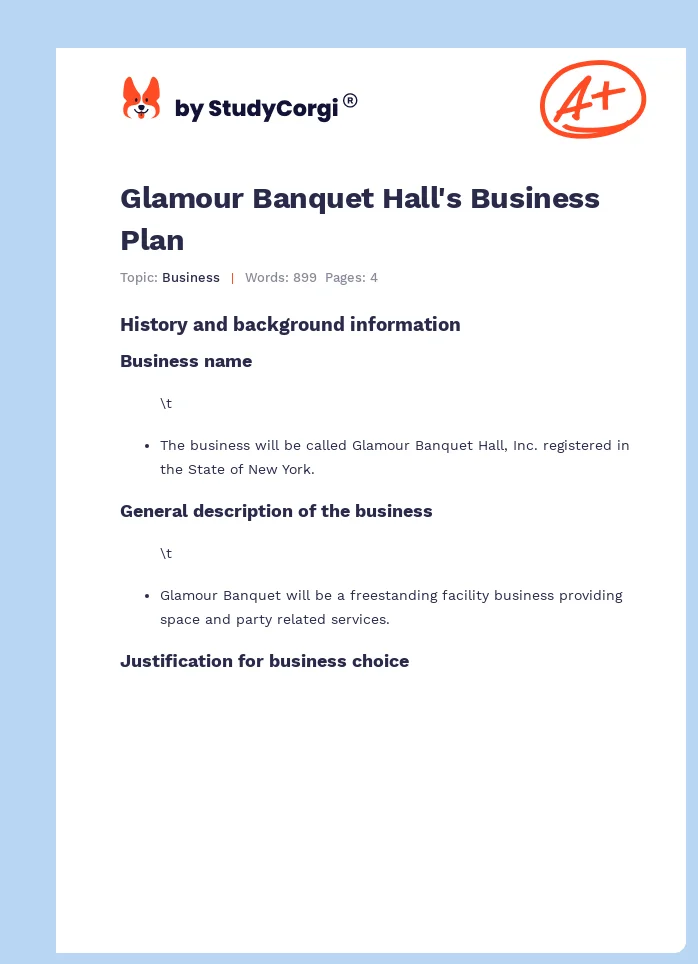 Glamour Banquet Hall's Business Plan. Page 1