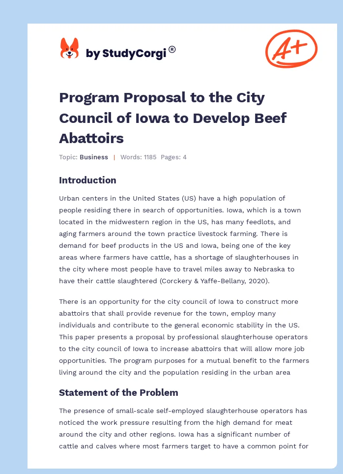 Program Proposal to the City Council of Iowa to Develop Beef Abattoirs. Page 1