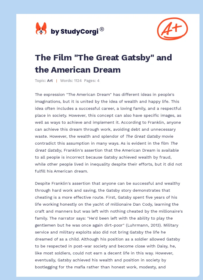 The Film "The Great Gatsby" and the American Dream. Page 1