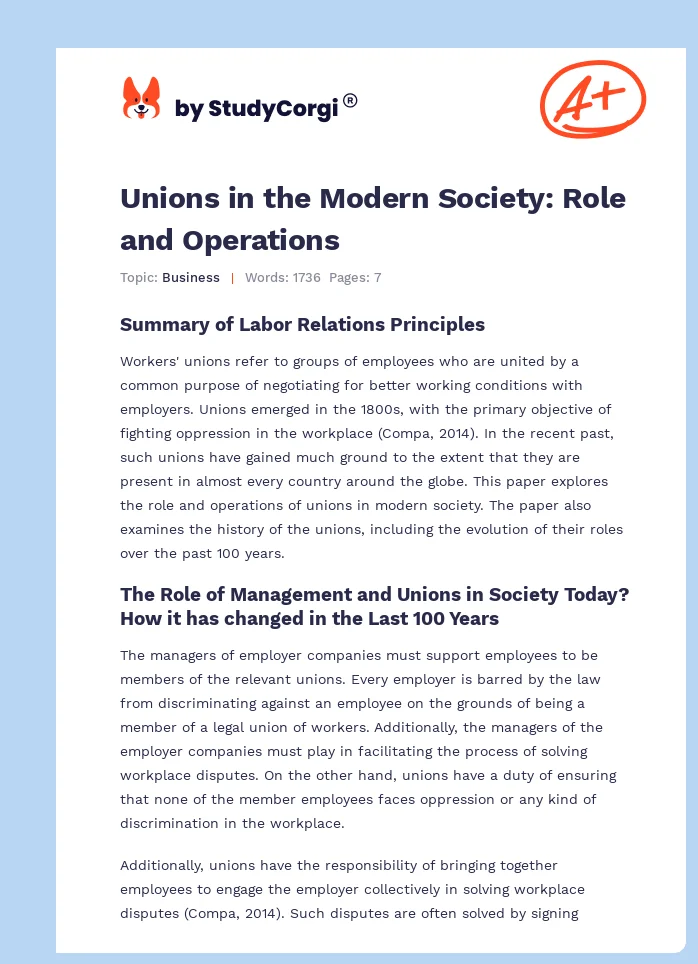 Unions in the Modern Society: Role and Operations. Page 1