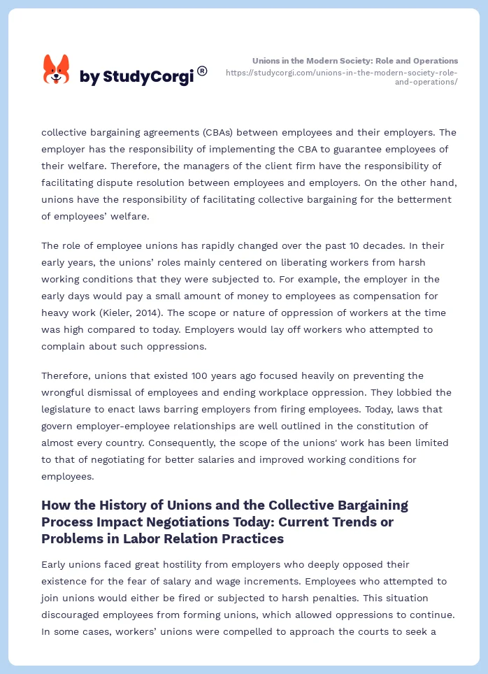 Unions in the Modern Society: Role and Operations. Page 2