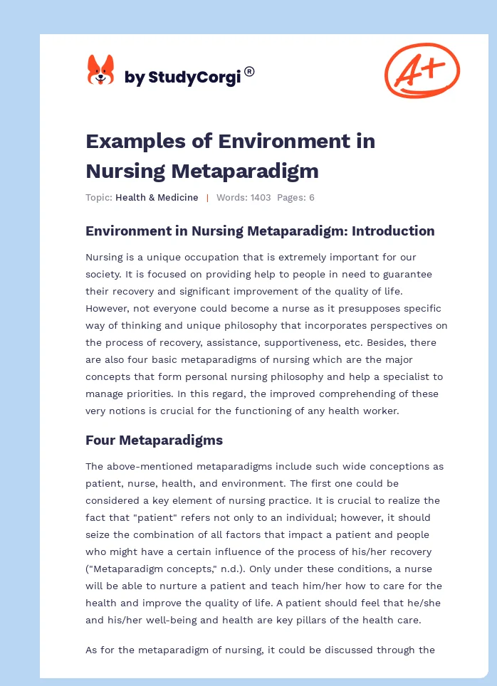 Examples of Environment in Nursing Metaparadigm. Page 1