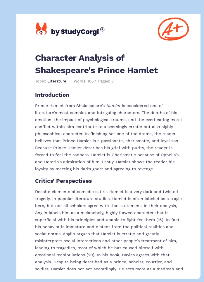 Character Analysis of Shakespeare's Prince Hamlet. Page 1
