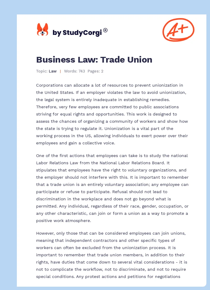 Business Law: Trade Union. Page 1