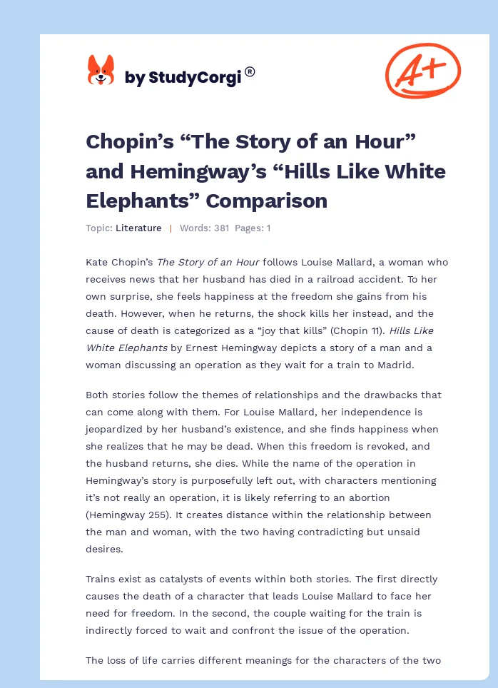 Chopin’s “The Story of an Hour” and Hemingway’s “Hills Like White Elephants” Comparison. Page 1