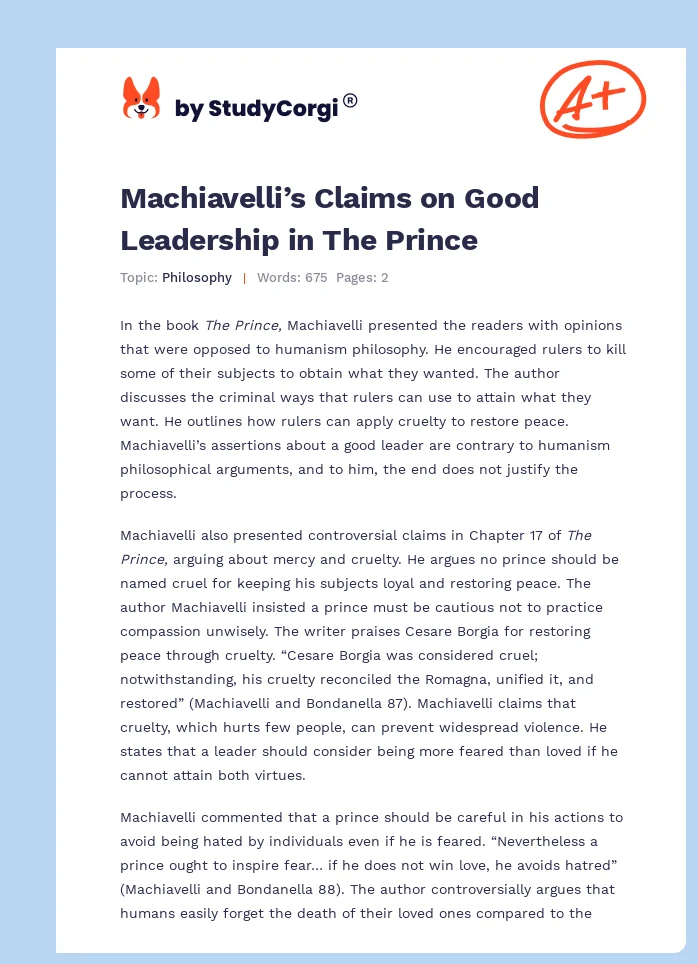 Machiavelli’s Claims on Good Leadership in The Prince. Page 1