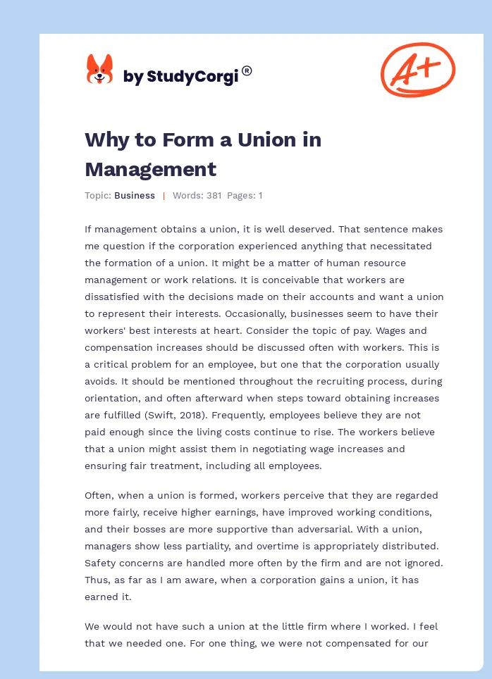 Why to Form a Union in Management. Page 1