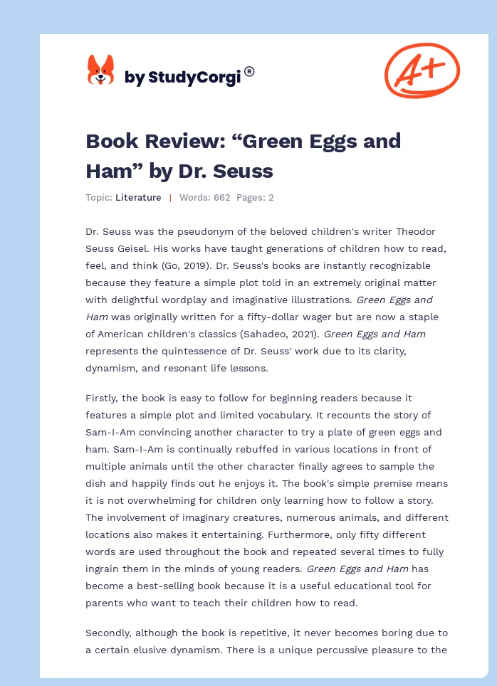 Book Review: “Green Eggs and Ham” by Dr. Seuss. Page 1